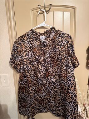 Worthington Leopard Print Ruffle Neck Blouse - Tan, Black